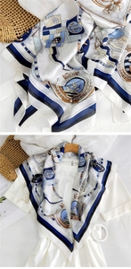 Detailed nautical anchor print on square silk scarf with navy blue and gold accents