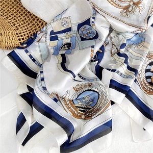 Elegant 90cm silk scarf with nautical sailing prints and gold accents on white base