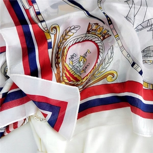 Nautical print silk scarf with sailboat crown patterns and red blue stripes