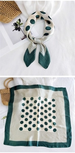 Detail of dark green polka dot silk scarf tied on a straw bag and its flat layout