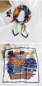 Detail of silk square scarf featuring colorful floral and geometric patchwork patterns
