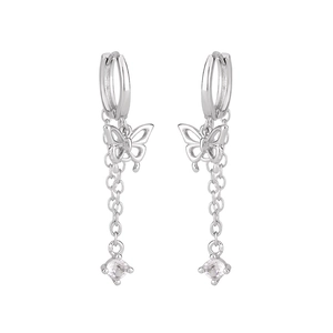 Elegant silver butterfly hoop earrings with dangling long chains and zircon stones