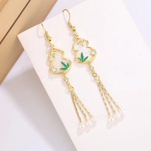 Elegant Chinese style gourd tassel earrings with green bamboo leaves and white pearls