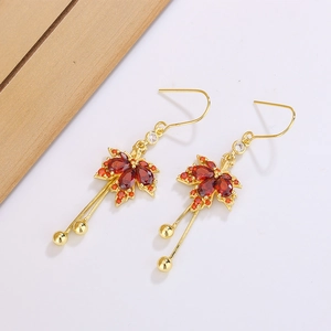 Elegant red maple leaf dangle earrings with gold tassels and crystals for women