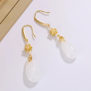 Boucles d'oreilles pendantes en or 14K avec fleur de lotus, perles et gouttes d'eau