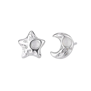 Star and moon stud earrings in silver with hammered texture and white gemstones