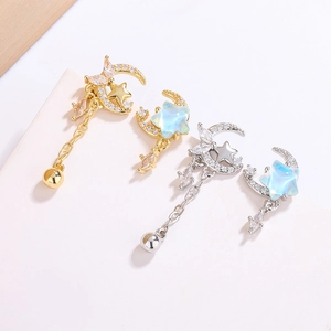 Asymmetric Star Moon Dangle Earrings Copper Zircon Synthetic Opal Inlaid Long Tassel Chain Elegant Jewelry For Women