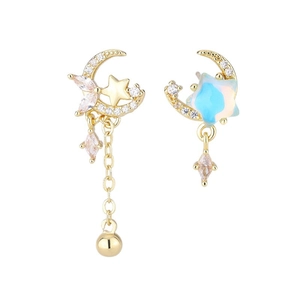 Asymmetric star and moon drop earrings with gold finish and sparkling zircon inlays