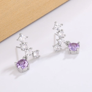 Elegant silver earrings with purple zircon cluster and water drop stud design for women