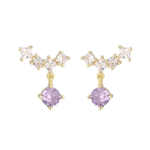 Elegant gold earrings with sparkling white cubic zirconia and purple teardrop stone charms