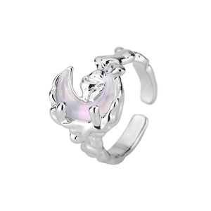 Minimalist moon crescent open ring in silver with iridescent opal stone for women
