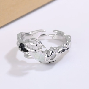 Adjustable moon ring with silver lava texture and iridescent celestial design