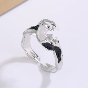 Gothic moon open ring with silver lava texture and black oil drip design