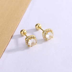 Detailed view of square gold earrings with central zircon and secure screw-back closure