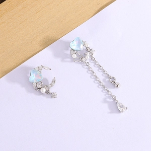 Asymmetric heart and moon earrings with light blue stones and pearl droplets