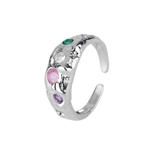 Lava texture silver open ring featuring colorful zirconia stones for women