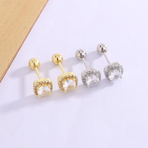 Exquisite Square Halo Cubic Zirconia Stud Earrings With Steel Earring Post Screw Ball Back Fashion For Women
