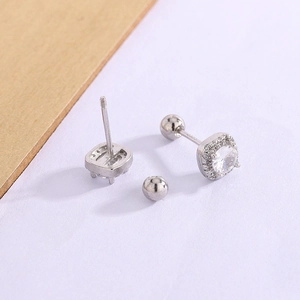 S925 silver square zircon stud earrings with secure screw-back ball and halo design