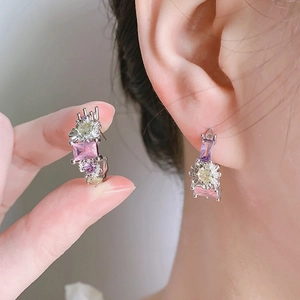 Elegant multi-color zircon stud earrings with pink, purple and green gemstones in silver