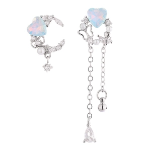 Asymmetric heart earrings with moon star design, blue opal stones and long fringe tassels
