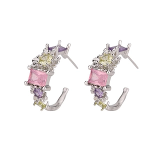 Symmetric C-shaped silver earrings featuring colorful multi-shaped faceted zircon stones
