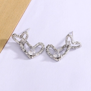 Heart Stud Earrings Copper With Zircon Double Heart Shaped Molten Texture Elegant Minimalist Jewelry For Women