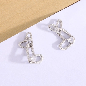 Silver double heart stud earrings with zircon stones and textured finish