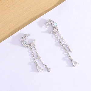 Elegant moon and butterfly tassel earrings with shimmering water drop zircon accents