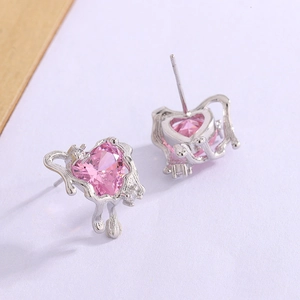 Pink heart zircon earrings with liquid metal silver edge and teardrop pendant