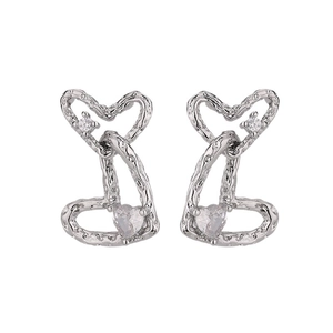 Silver double heart stud earrings with irregular lava texture and sparkling cubic zirconia