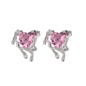 Lava heart earrings with liquid metal texture and pink heart-cut gemstone accents