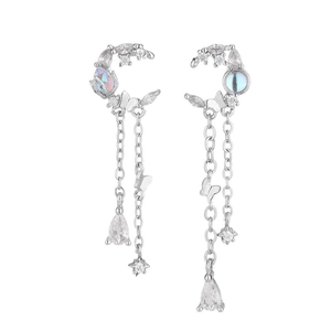 Silver crescent moon earrings with butterfly tassels and teardrop zircon accents
