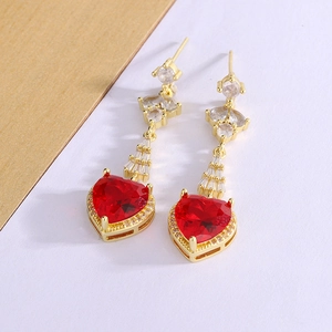 Red Heart Cubic Zirconia Drop Earrings For Women Gold Plated Copper Luxury French Retro Style Jewelry