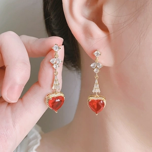 Elegant gold drop earrings with red heart-shaped zircon and sparkling accents for women