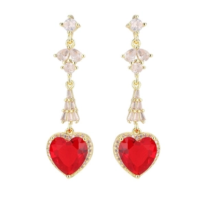 Elegant gold-plated drop earrings featuring a red heart zircon with crystal accents