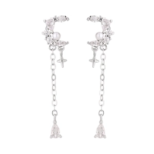 Silver crescent moon fringe earrings with white pearls and sparkling star charms