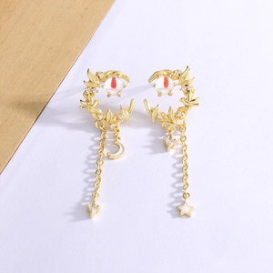 Copper Asymmetric Moon Star Dangle Earrings With Faux Opal Zircon Long Tassel Vintage Gold Tone Jewelry For Women
