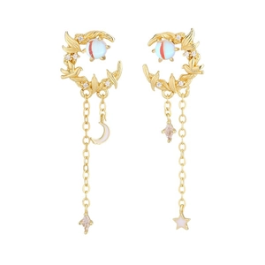 Elegant gold crescent moon and tassel earrings with vintage star bird charms for women