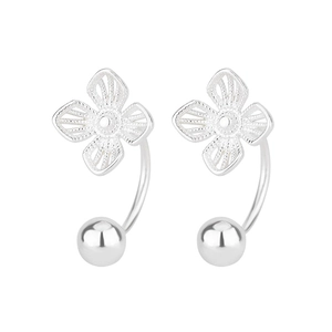 Macro detail of silver hollow four-leaf clover earrings with polished bead screw back studs