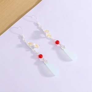 Vintage Chinese long tassel earrings with plum blossom and green waterdrop pendant