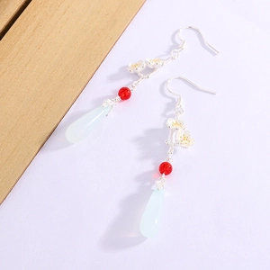 Vintage Chinese style long tassel earrings with white flower and green water drop pendant
