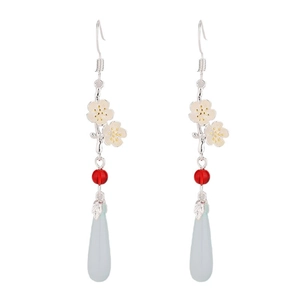 Vintage Chinese style long tassel earrings with plum blossom and blue teardrop pendant