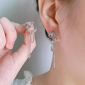 Elegant moonstone earrings with tassel drop and silver branch design for women