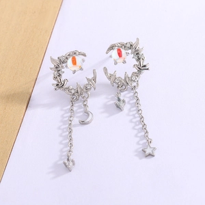Elegant moonstone bird earrings with silver tassels and star charms for women