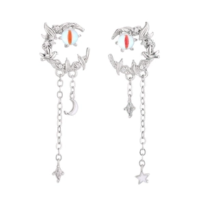Asymmetric moon and bird drop earrings with cat-eye beads and elegant tassel chains