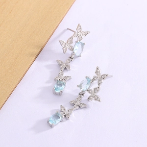 Elegant blue crystal butterfly drop earrings with silver plating and zircon inlay for women