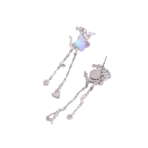 Elegant silver butterfly tassel earrings with blue iridescent stones and dangling chains