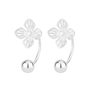 Elegant silver four-leaf clover screw back earrings with hollow mesh and polished beads