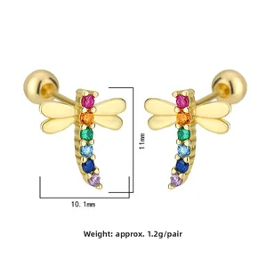 Macro detail of dragonfly stud earrings with colorful rainbow cubic zirconia stones