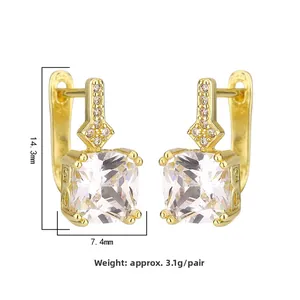 Front detail of gold square zircon earrings showing 14.3x7.4mm size and 3.1g weight
